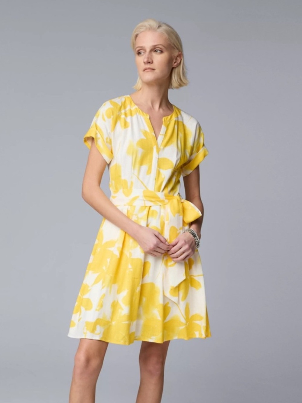 Simply Vera Vera Wang Sundress XL Yellow Floral V-Neck A-Line Tie Waist Dress